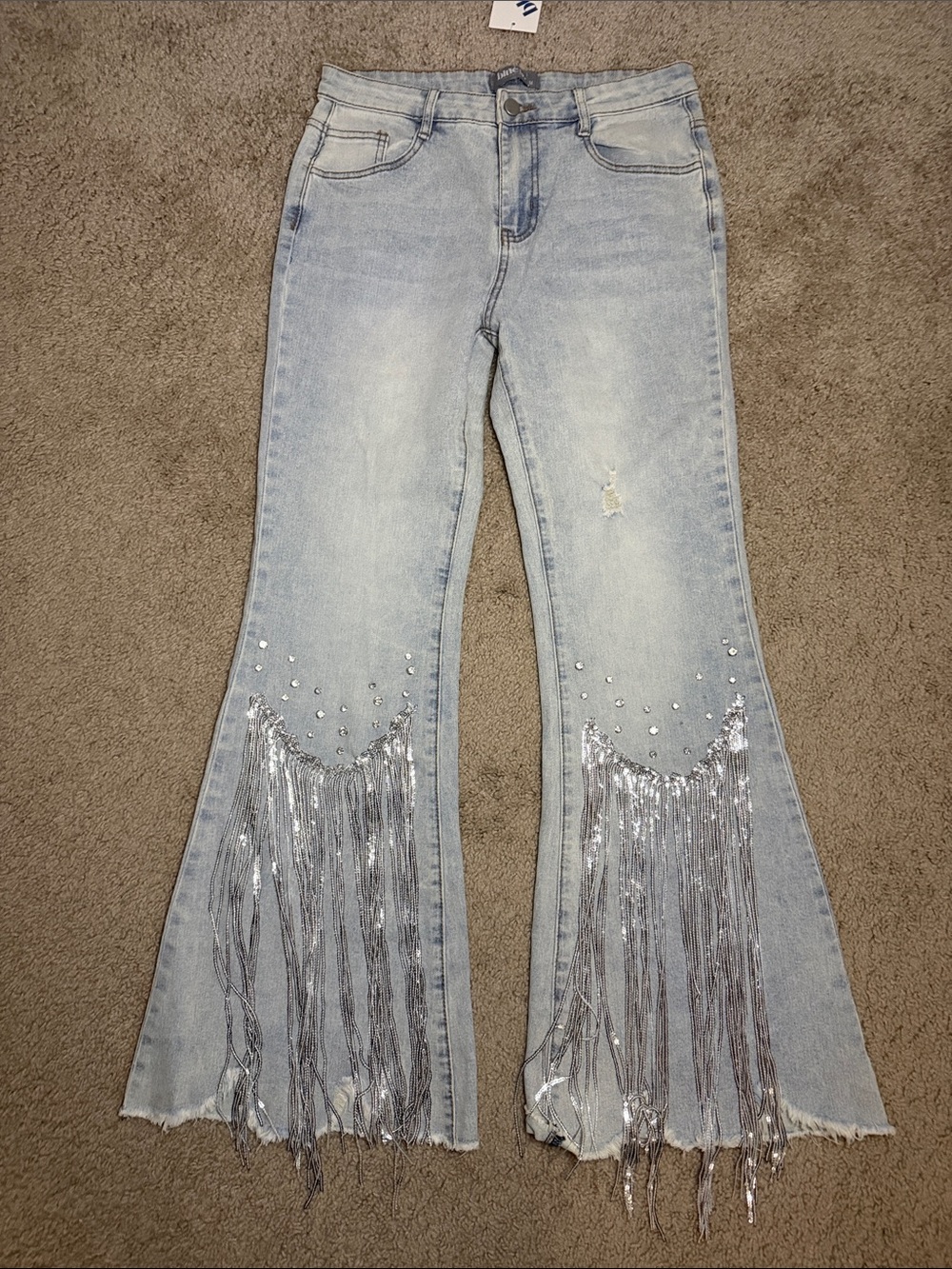 Light Blue Women's Flare Jeans with Silver Fringe Detail